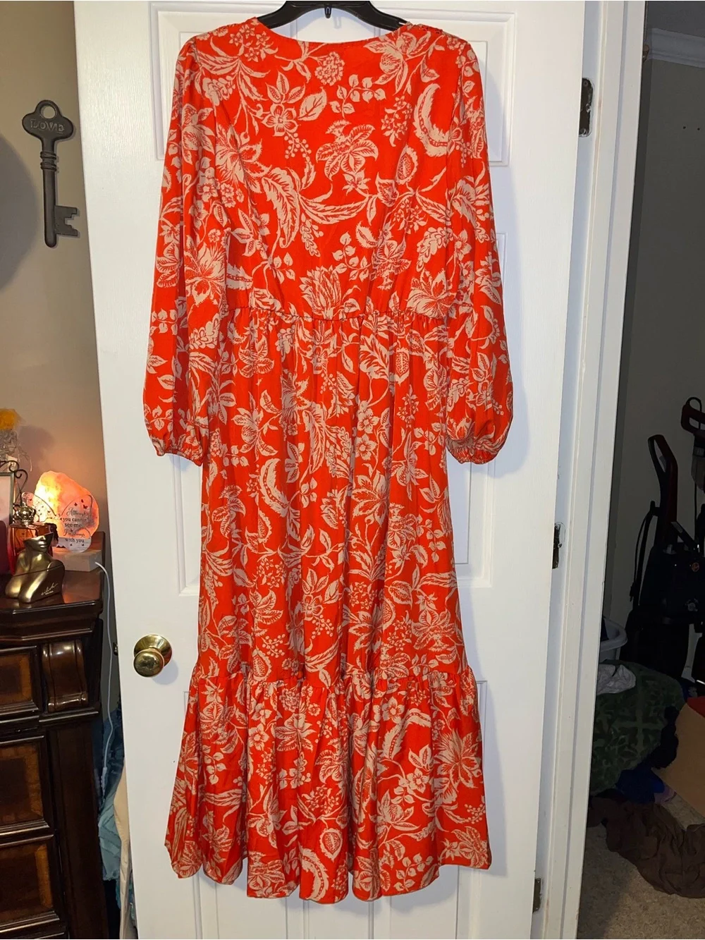 Rusttydustty Bright Red Floral Maxi Dress with Tan Print